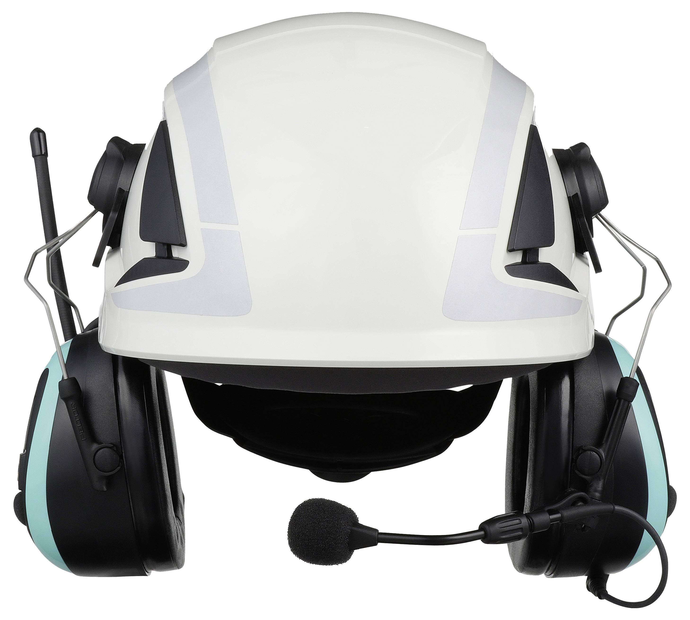 Safety helmet with integrated communication system, comprising a microphone and ear defenders, for noisy work environments.