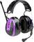 A purple protective headset with an integrated microphone and radio antenna, suitable for noisy environments, enhances communication and safety.