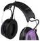 Black and purple hearing protection headphones with an adjustable headband. '3M Peltor' brand logo visible.