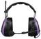 Black headset with microphone and purple accents, suitable for communication purposes in noisy environments.