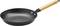 Black frying pan with wooden handle, shown from the side. Suitable for frying and cooking.