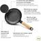 'A black pan with a wooden handle. Properties: non-stick coated, scratch-resistant, rust-proof, ultra-lightweight, quick heat distribution.'