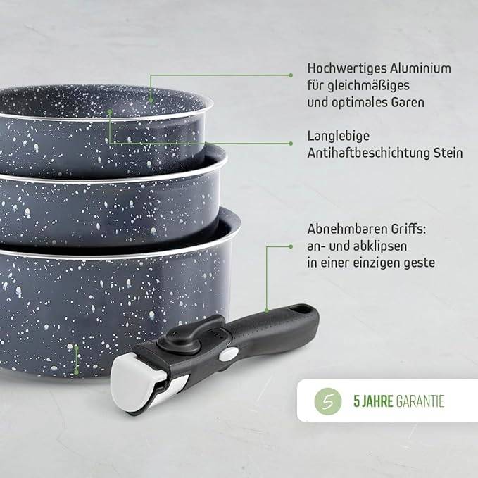 Three stacked, dark-speckled pans with a removable handle. Text reads: 'High-quality aluminium', 'Non-stick coating', '5-year guarantee'.