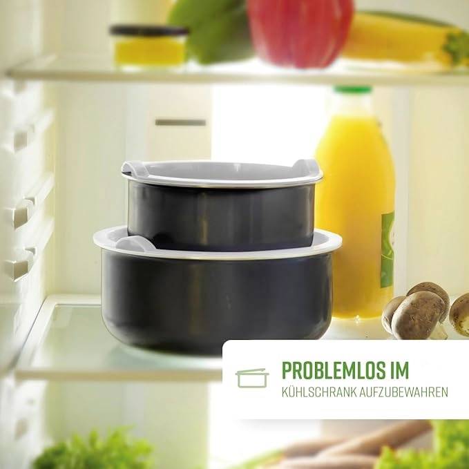 A fridge with food: Two food storage containers, juice bottle and vegetables. Text 'Easily stored in the fridge'.