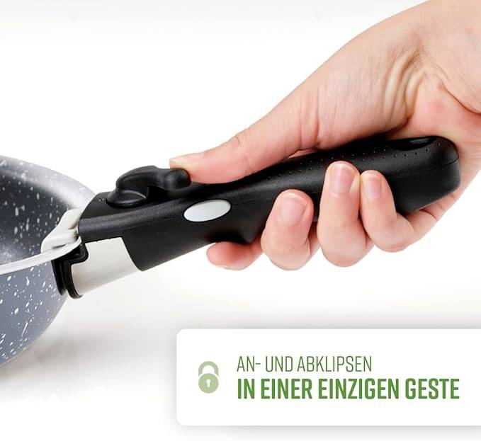 A hand is attaching a removable handle to a pan. The text on the image reads: 'Clip on and off in a single gesture'.
