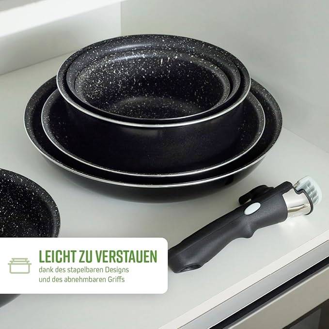A set of stackable, black pans with a removable handle, in a cupboard. Text: 'Easy to store'.