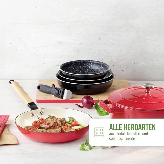 A table with a stack of pans, a red casserole dish and a frying pan with food. Text: 'All Hob Types'.