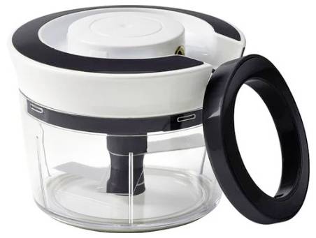 Transparent kitchen chopper with a white lid and black handle, suitable for quickly chopping vegetables and fruit.