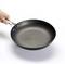A person is holding a black, non-stick frying pan with a silver handle against a white background.