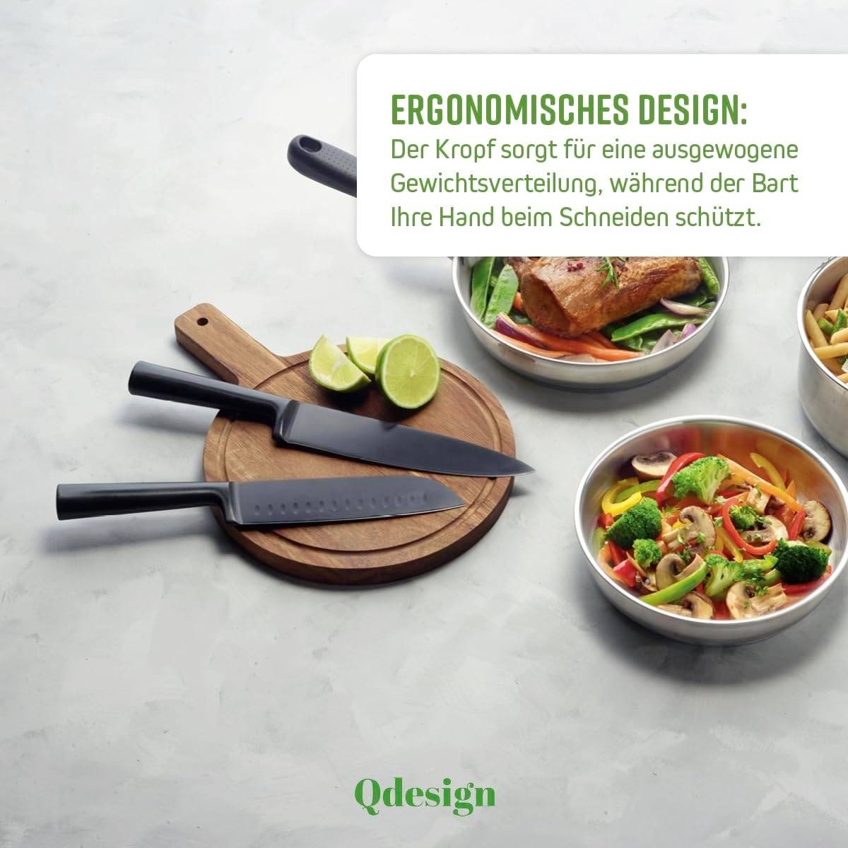 Two knives on a wooden board next to lime halves and bowls of vegetables. Text emphasises ergonomic design and hand protection.