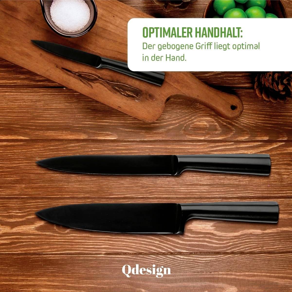 A knife with a curved handle lies next to another on a wooden surface. Salt and green spheres are visible in the top left. Text: 'Optimal Grip'.