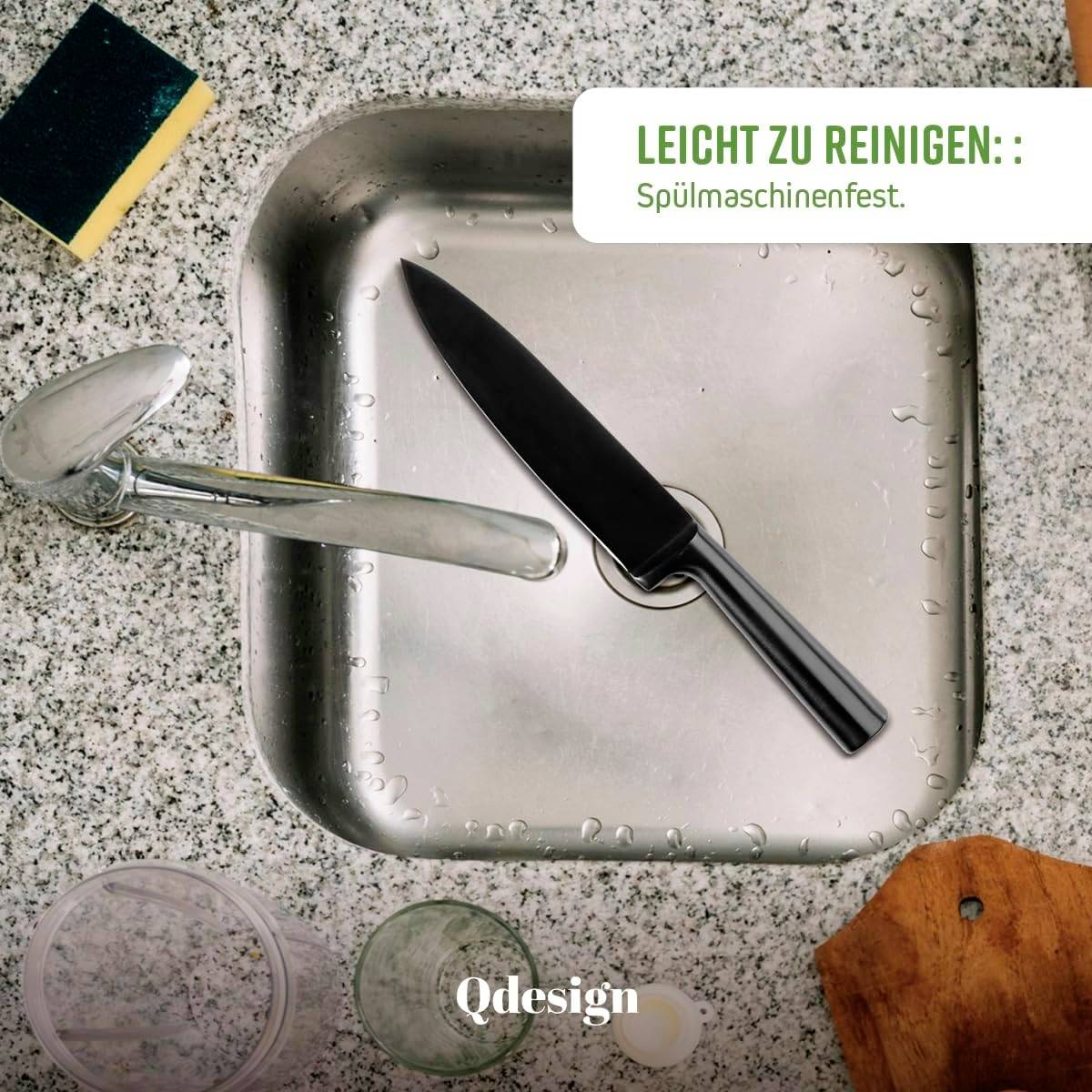 A black knife is lying in a stainless steel sink. Next to it is a tap. Above it reads: 'Easy to clean: Dishwasher safe.'
