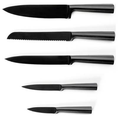 Five kitchen knives side by side on a white background: large chef's knife, bread knife, boning knife, small chef's knife, paring knife.