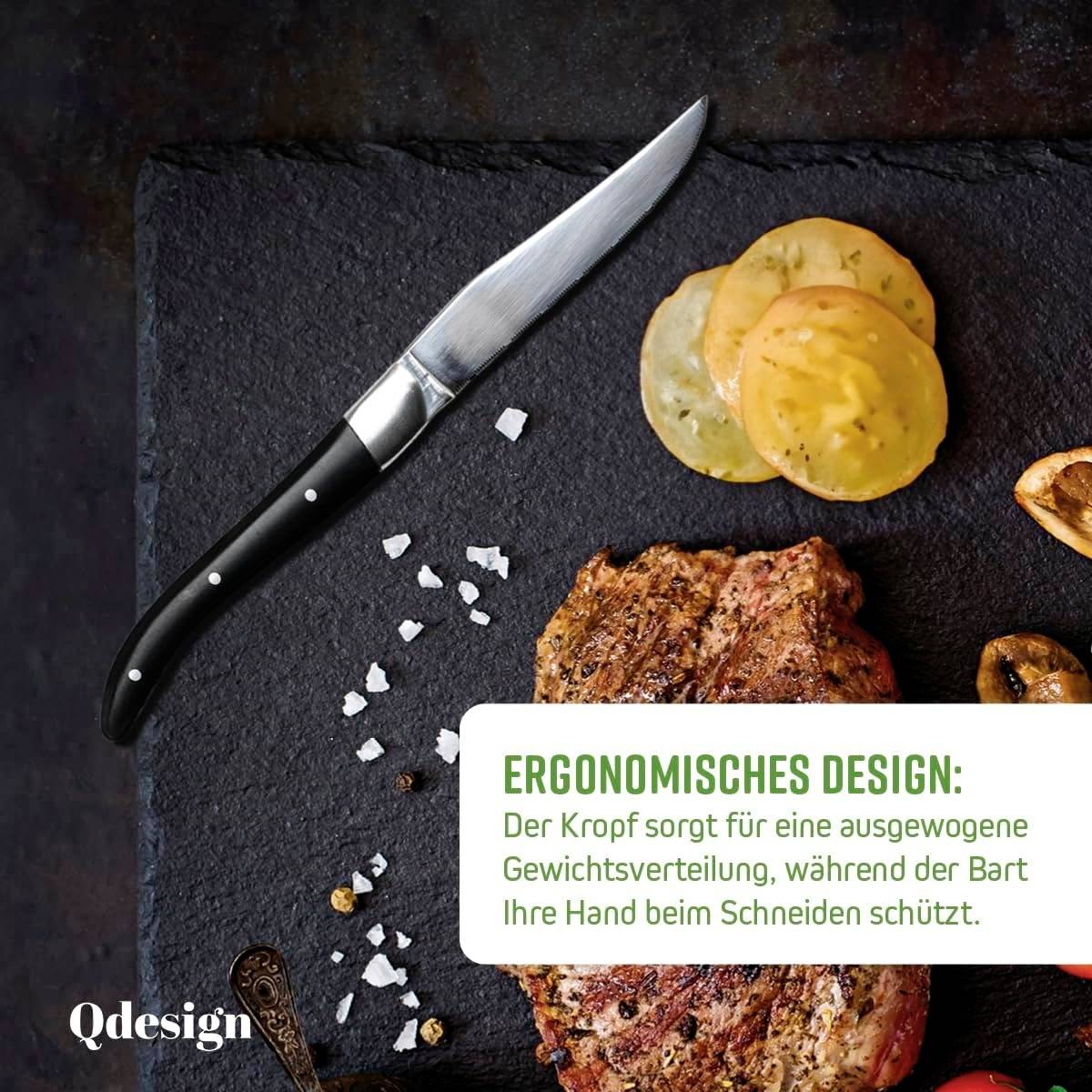 Steak with potatoes on a black board, with a knife beside it. Text: 'Ergonomic Design: The Handle Ensures Balanced Weight Distribution.'