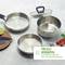 Three stainless steel cooking pots on a grey background with a quartered lime wedge and tomatoes. Text: 'SUITABLE FOR ALL HOB TYPES'.