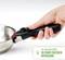 Here's the translation to British English:<br><br>A hand clips the removable handle onto a stainless steel pan. Text: 'Clipping on and off in a single movement'.