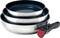 Three stackable stainless steel saucepans with a removable handle, suitable for space-saving storage and versatile cooking.