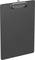 A plain black clipboard with a metal clip at the top center, used for holding papers, has no paper or writing on it.