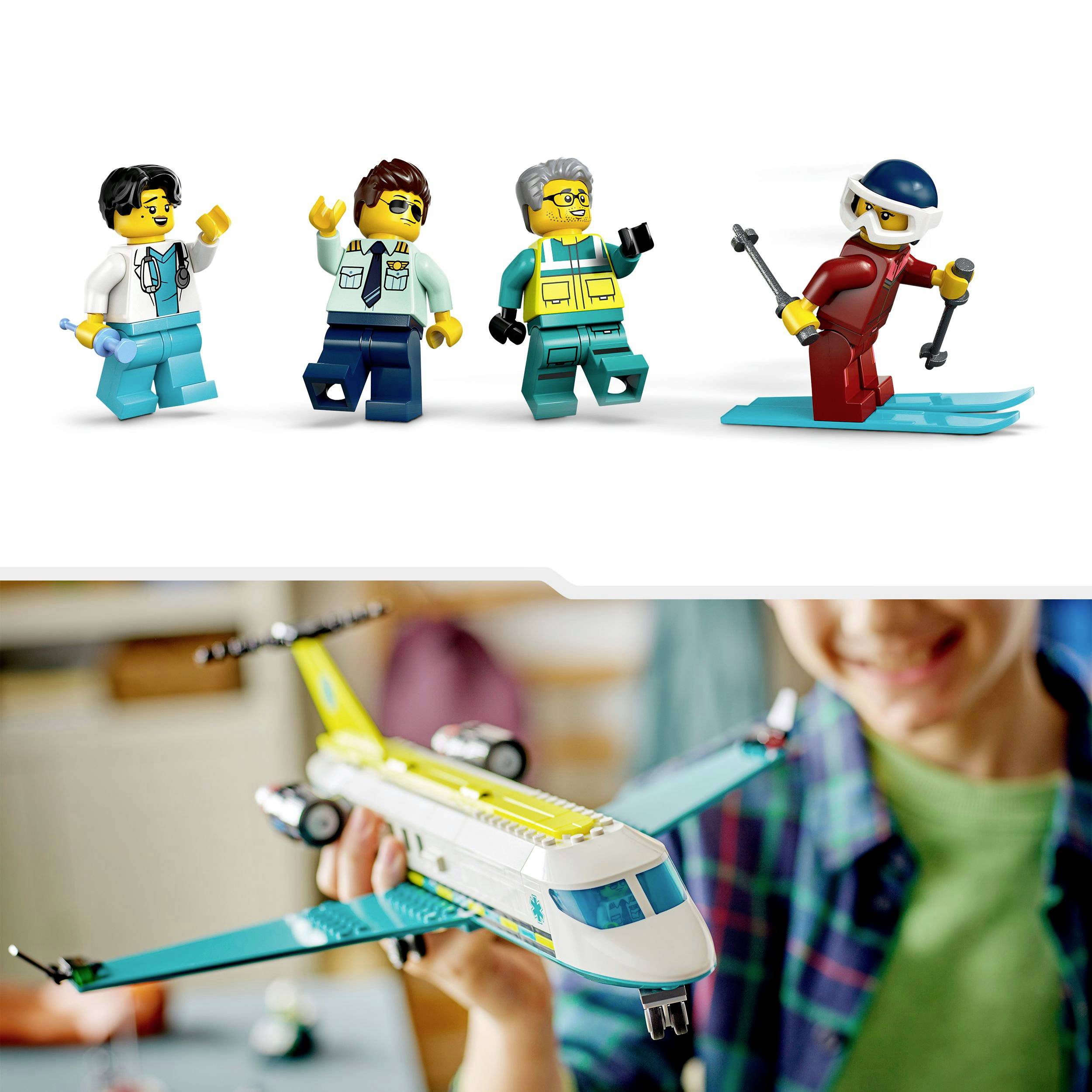 Above are four Lego figures: three employees in uniforms and a skier. Below, a child is holding a model airplane.