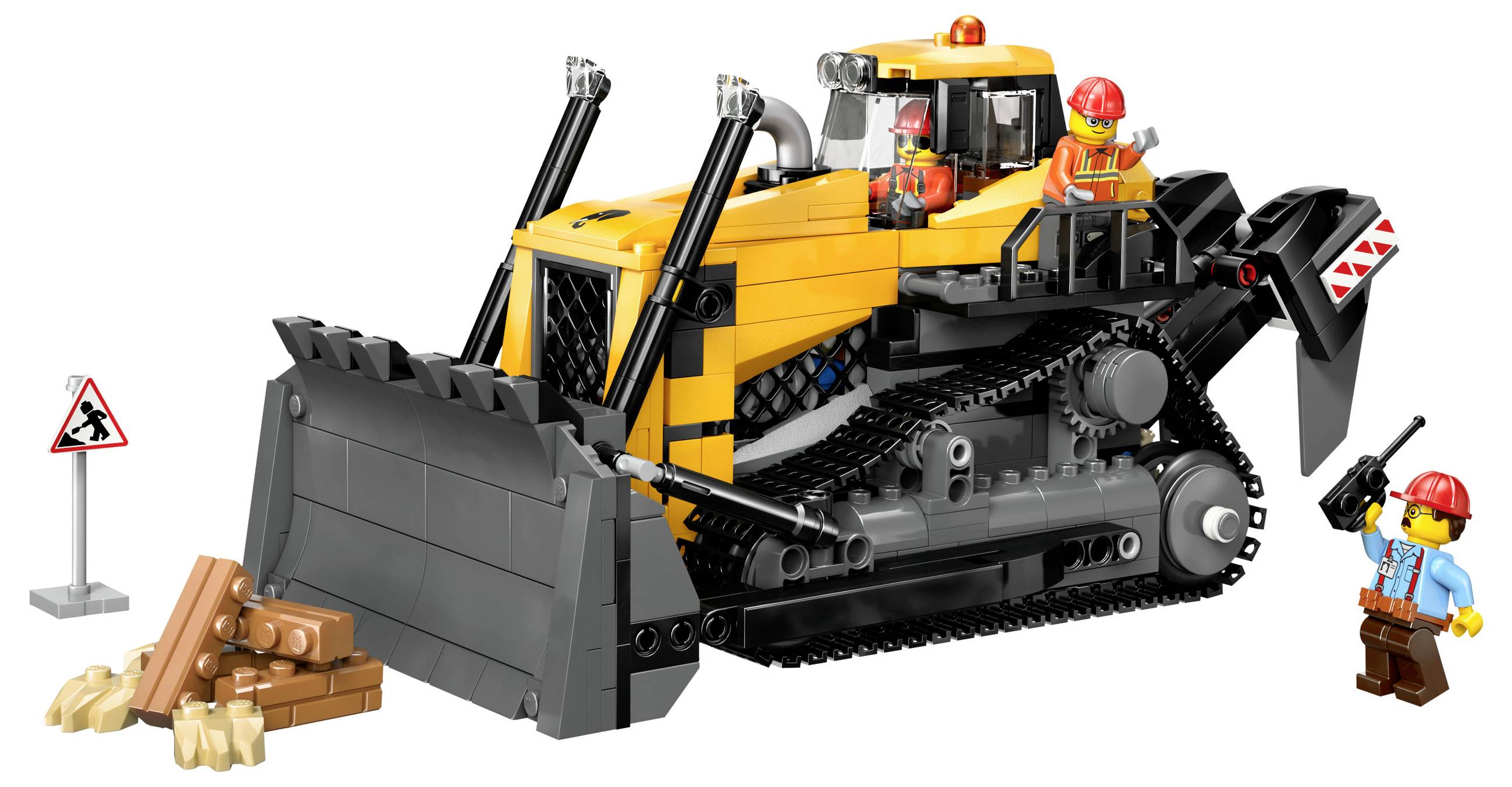 A LEGO bulldozer with three construction worker figures in orange helmets. Wooden blocks are lying in front of the bulldozer. A construction sign stands on the left.