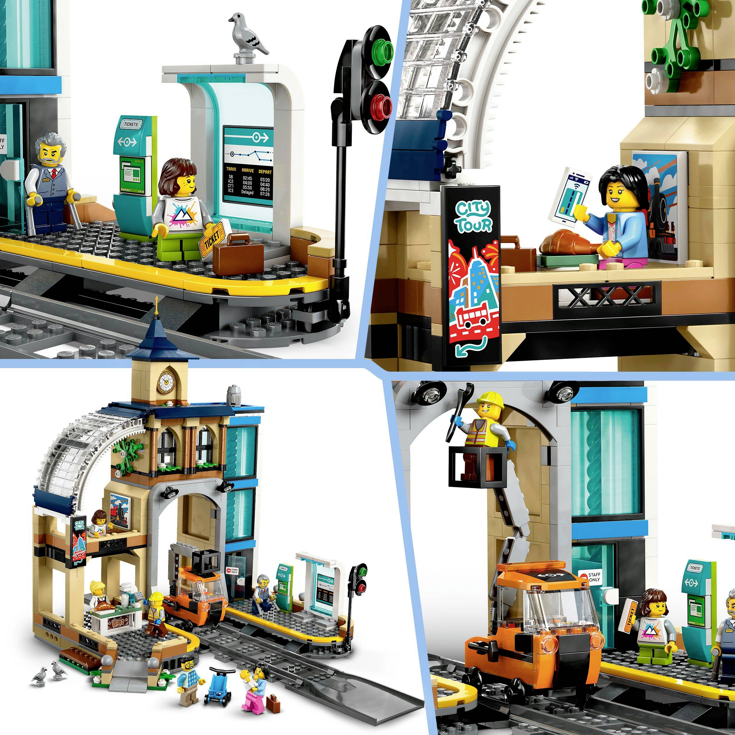 Toy train station building block set with various scenes: waiting figures, city bus and station details. Contains specified objectives.