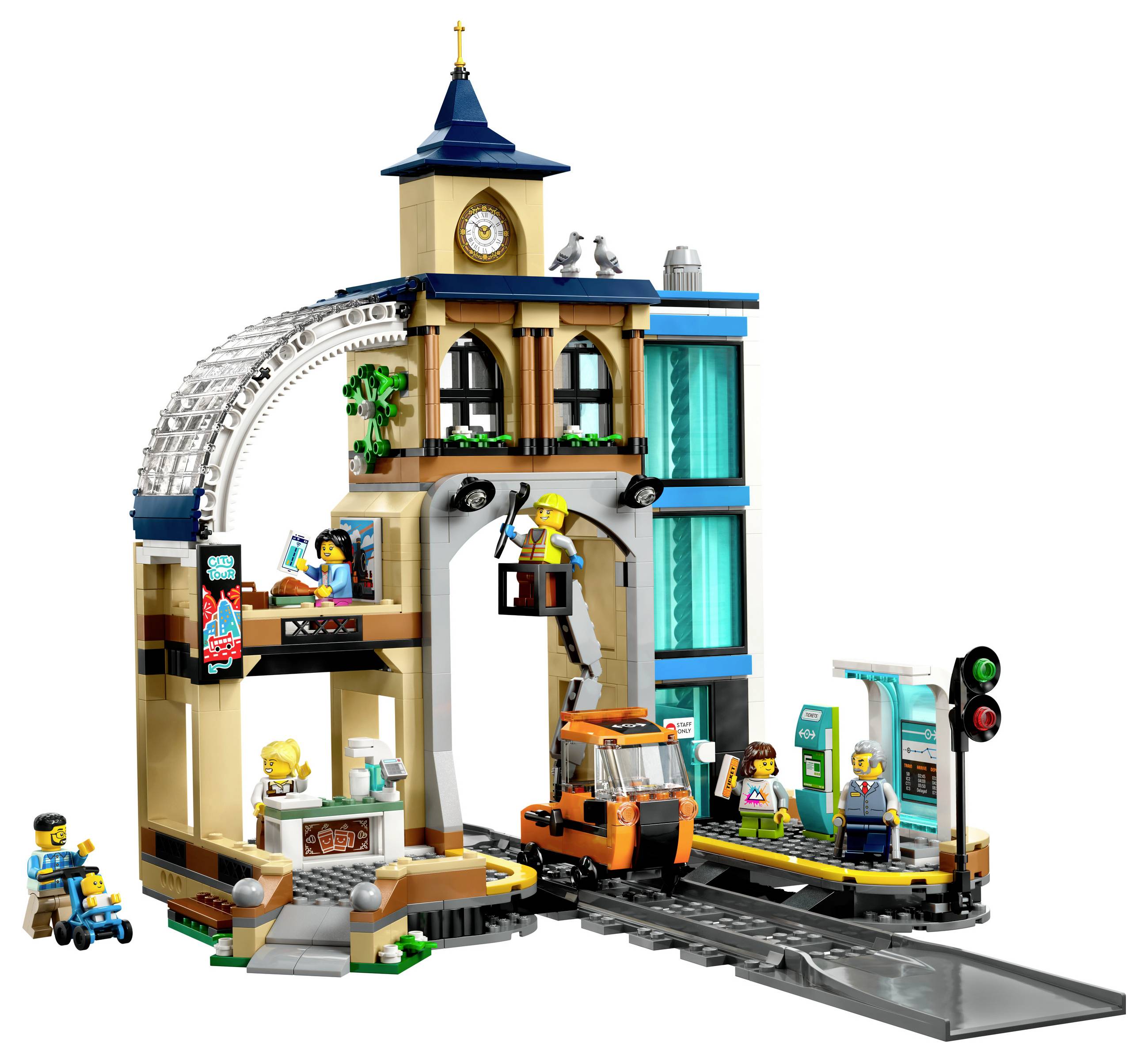 LEGO set shows train station scene with figures, trains and station details. Includes train track, clock tower, and figures engaged in various activities.