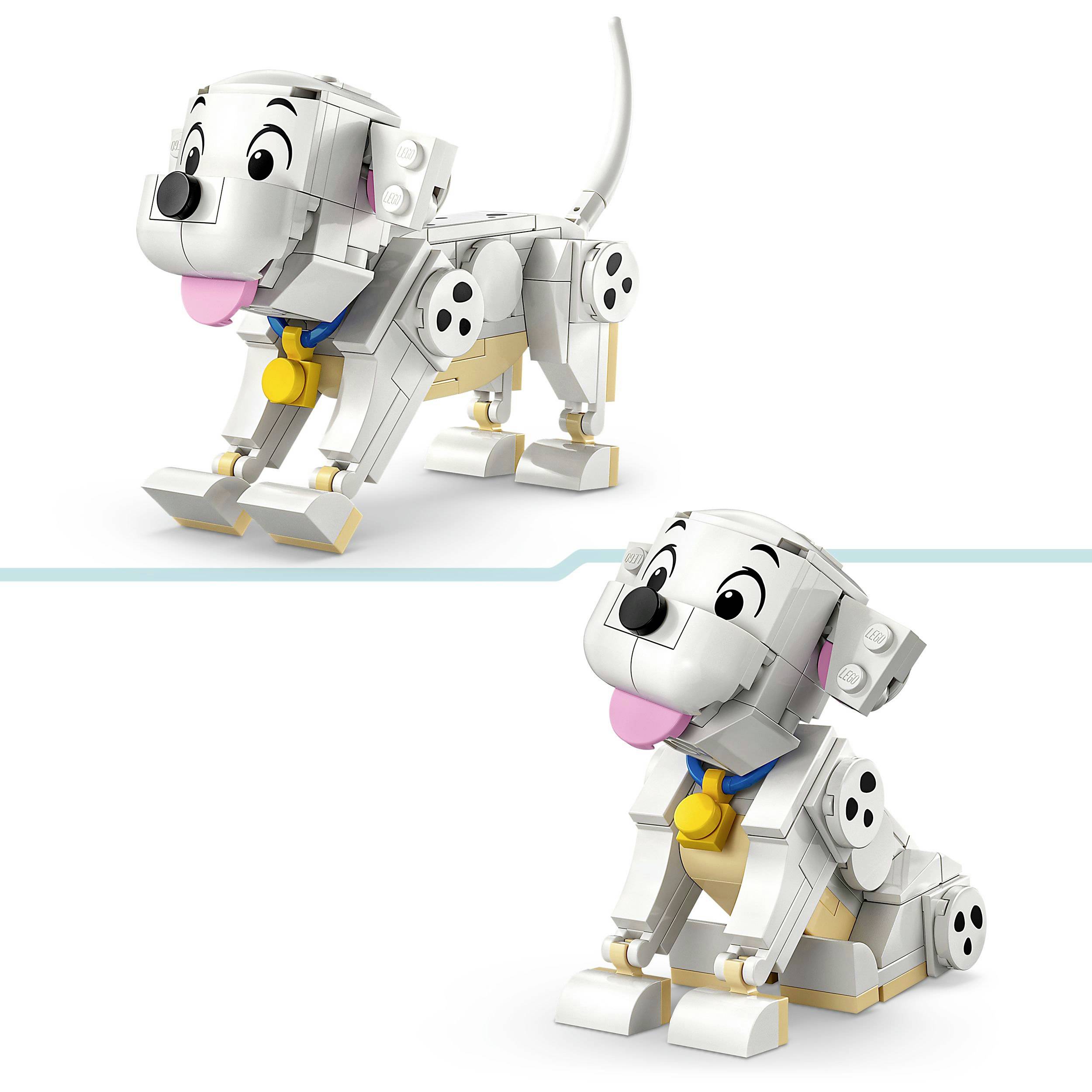 A small robot dog built from white and gray blocks. It shows a cheerful face and has movable limbs.