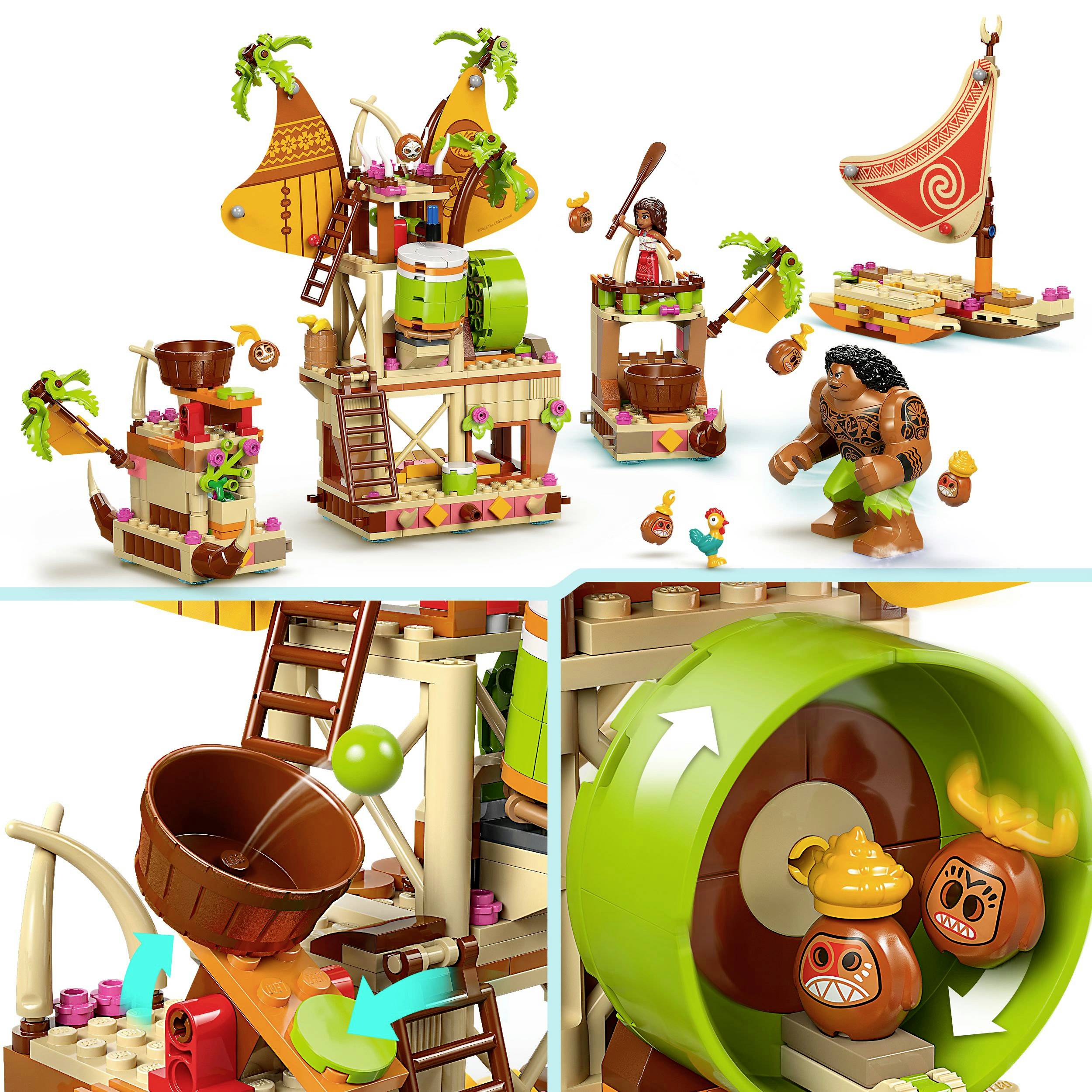 Several game pieces and a play set depicting a tropical theme, with drums, trees and a figure in traditional clothing.