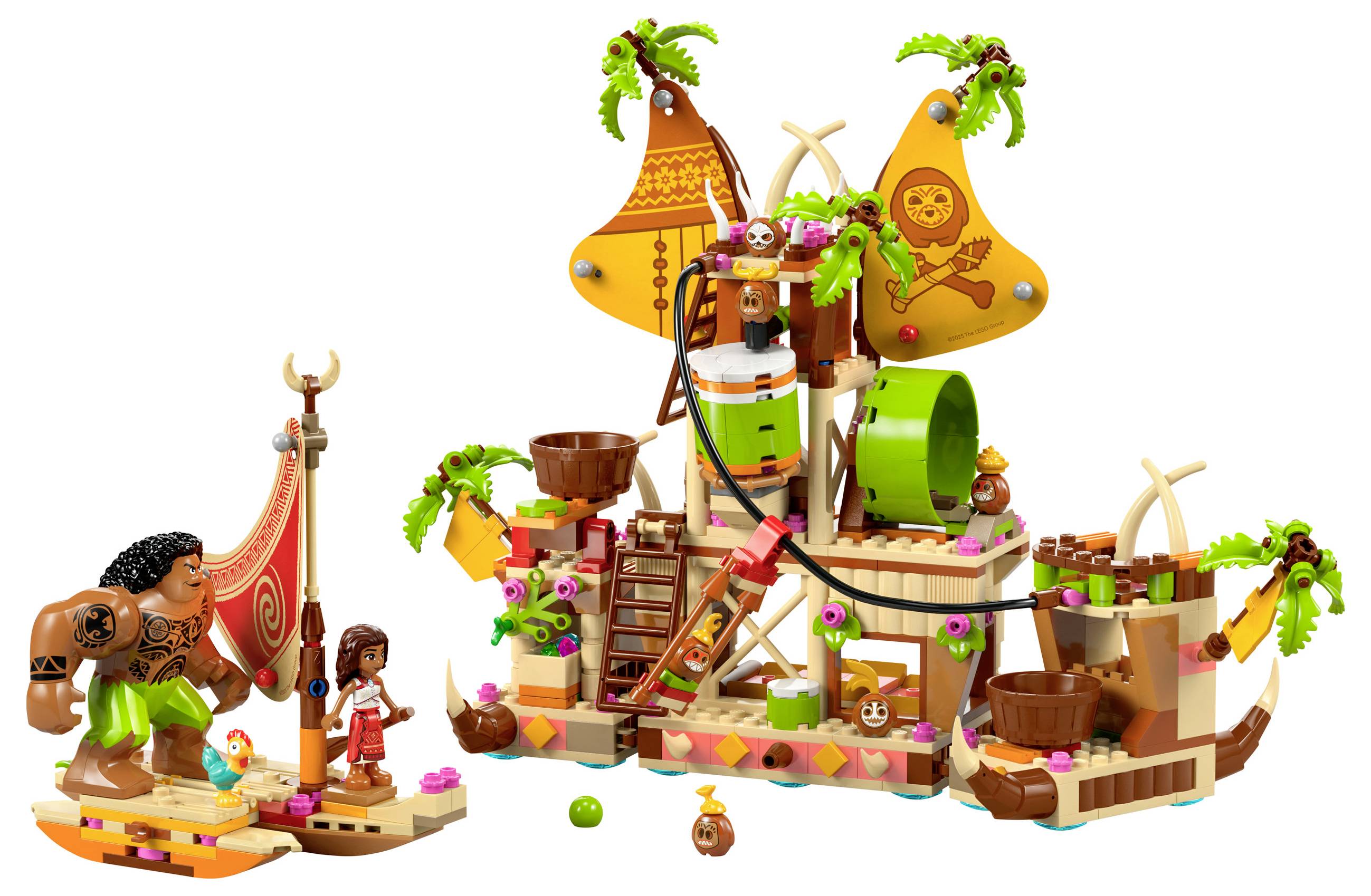 A LEGO set with a Polynesian sailboat, two figures, palm trees and tropical decorations. An adventure scene on the water.