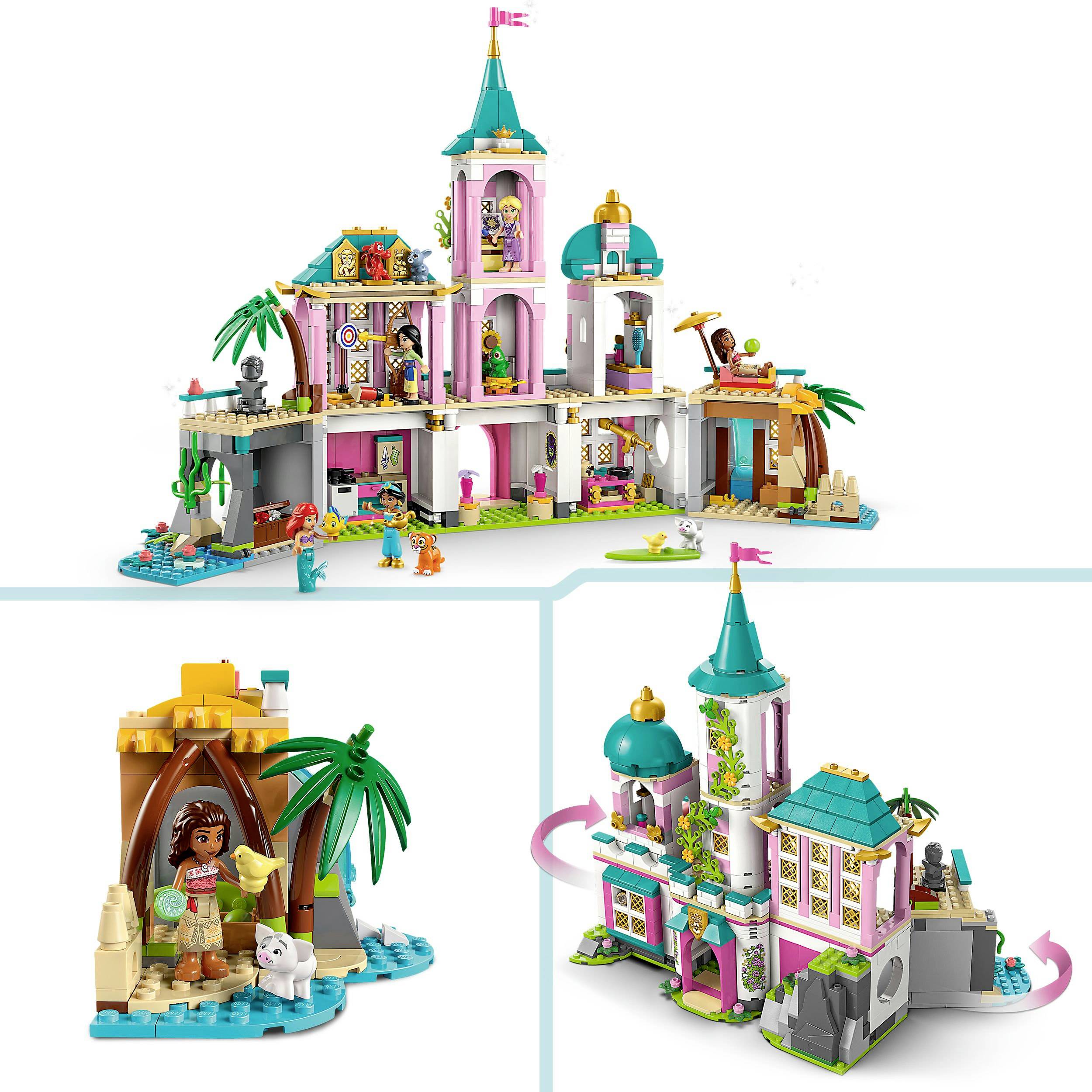 A toy castle with colorful towers and decorative elements shows a tropical island with a figure and an animal.