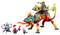 A colorful toy set shows a large, vibrant creature with rockets on its back and two small figures underneath.