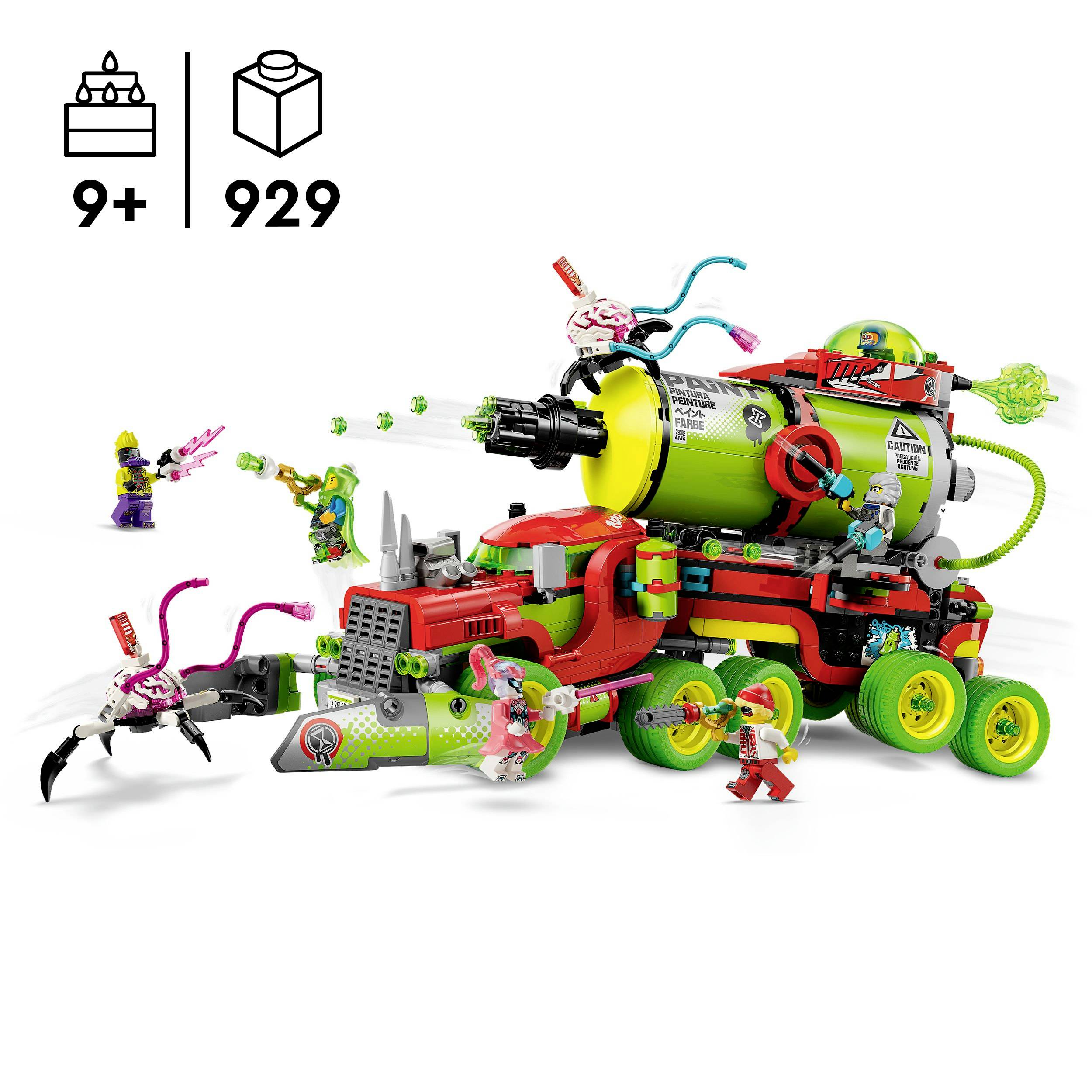 'LEGO Monkie Kid Set: Nezha's Fire Ring' for children ages 9 and up, contains 929 pieces. Colorful robot with hoses and figures.
