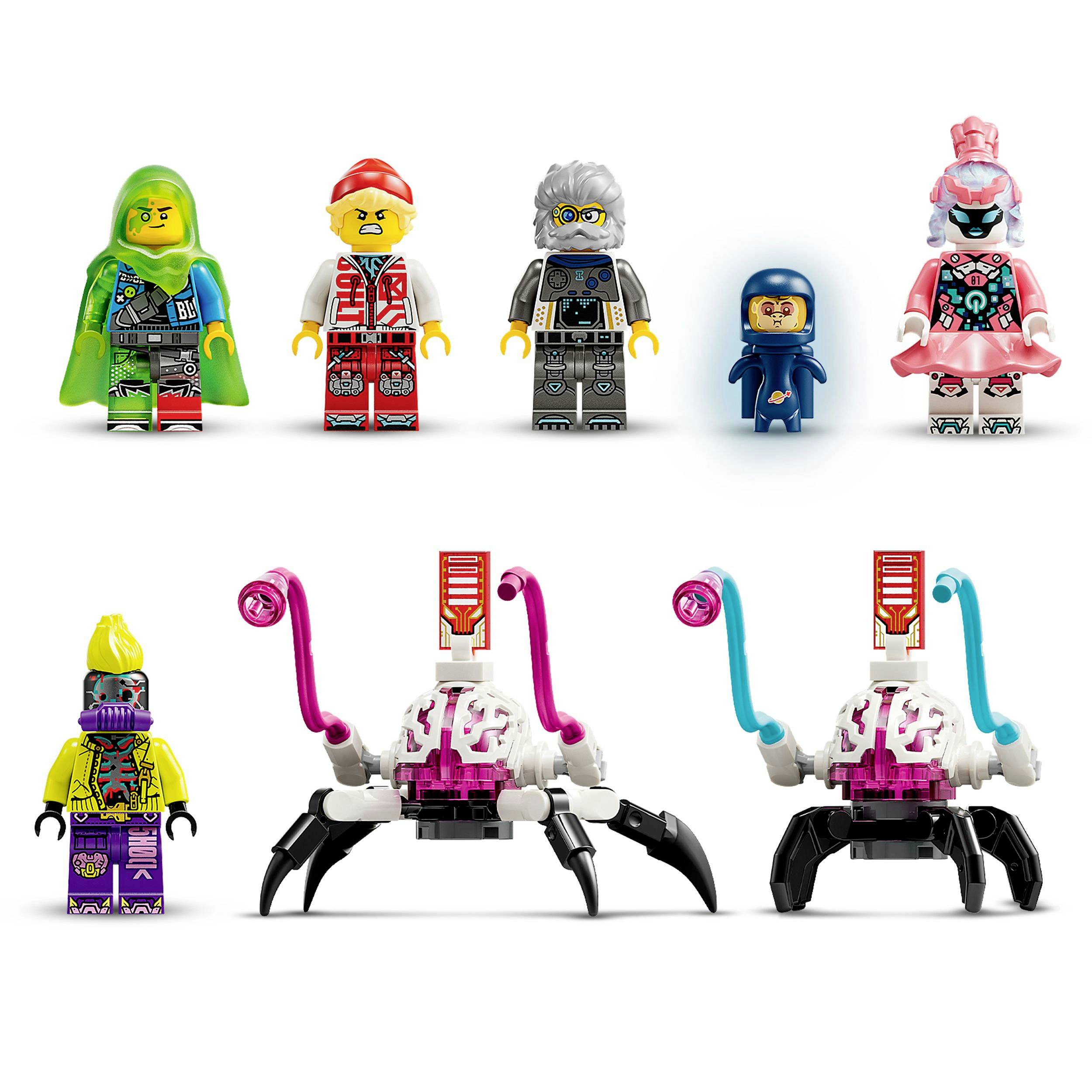 Six Lego figures in sci-fi clothing. Two spider robots with white heads and colored legs. Colorful and futuristic designs.