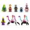 Six Lego figures in sci-fi clothing. Two spider robots with white heads and colored legs. Colorful and futuristic designs.