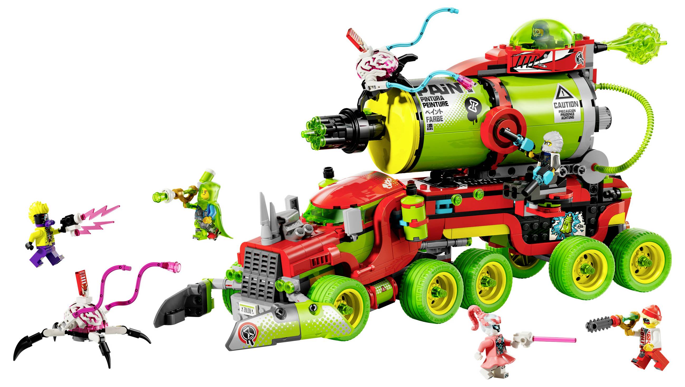 Toy truck made of colorful building blocks with futuristic design. Multiple play figures interact, some with weapons and accessories.