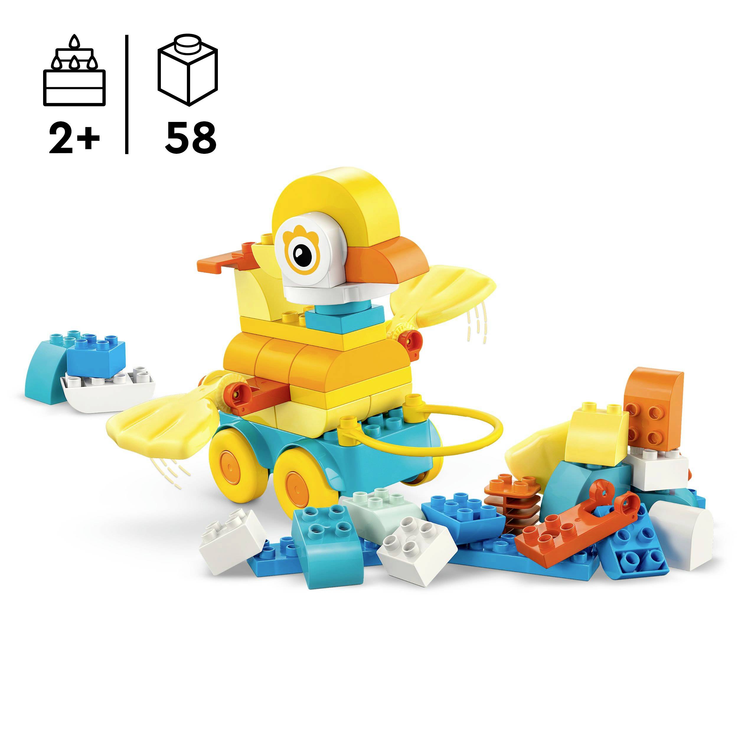 Building set with 58 pieces for creating a colorful duck, suitable for children ages 2 and up.