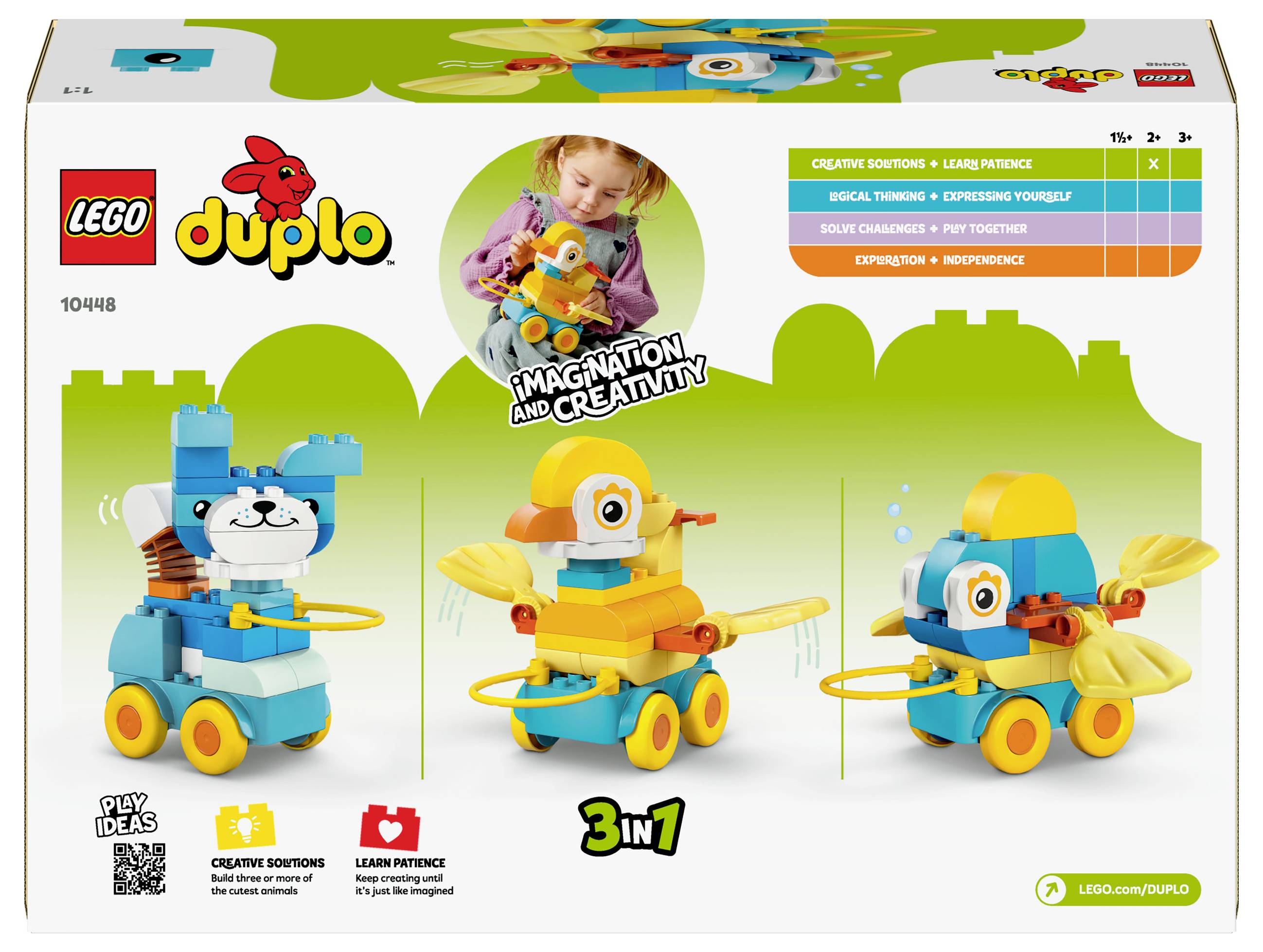 Lego Duplo set with building ideas for animals on wheels. Promotes creativity and learning skills in young children.