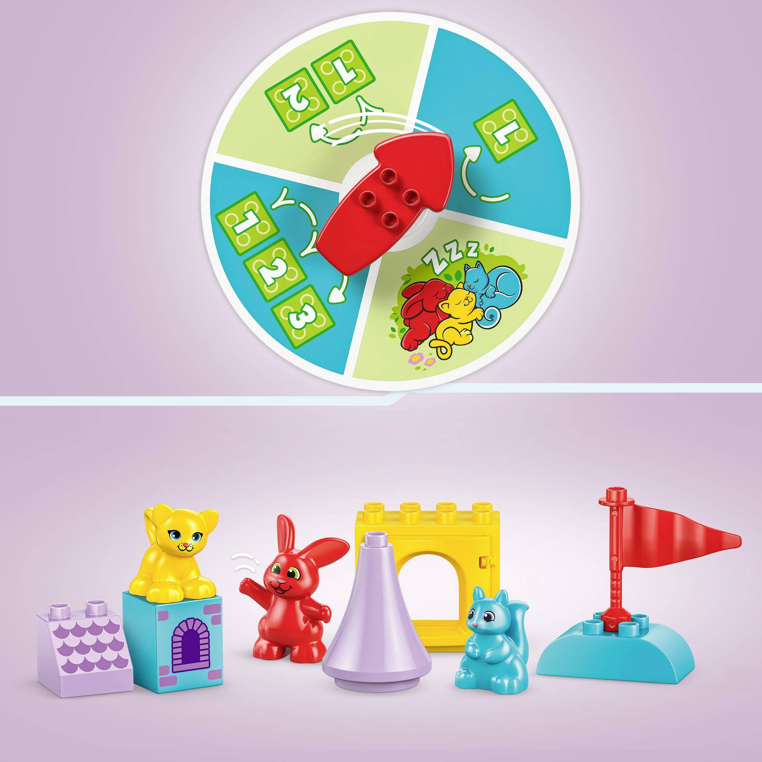 Colorful game pieces and game board with arrow, set up for playing. Game board shows numbers and a sleeping cartoon animal.