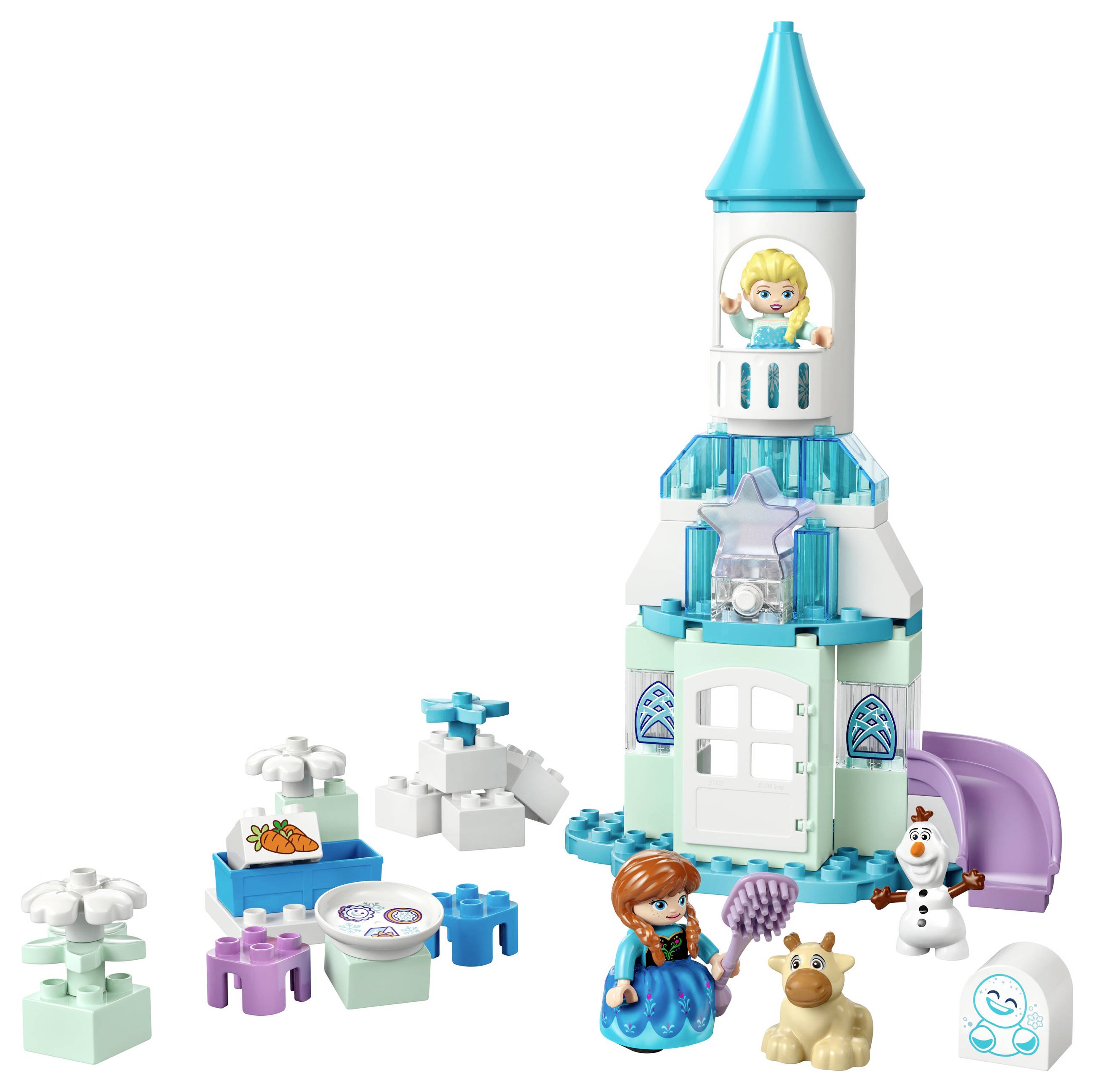 Children's toy set with castle, princess figure, polar bear, tower, blocks and accessories in purple and blue.