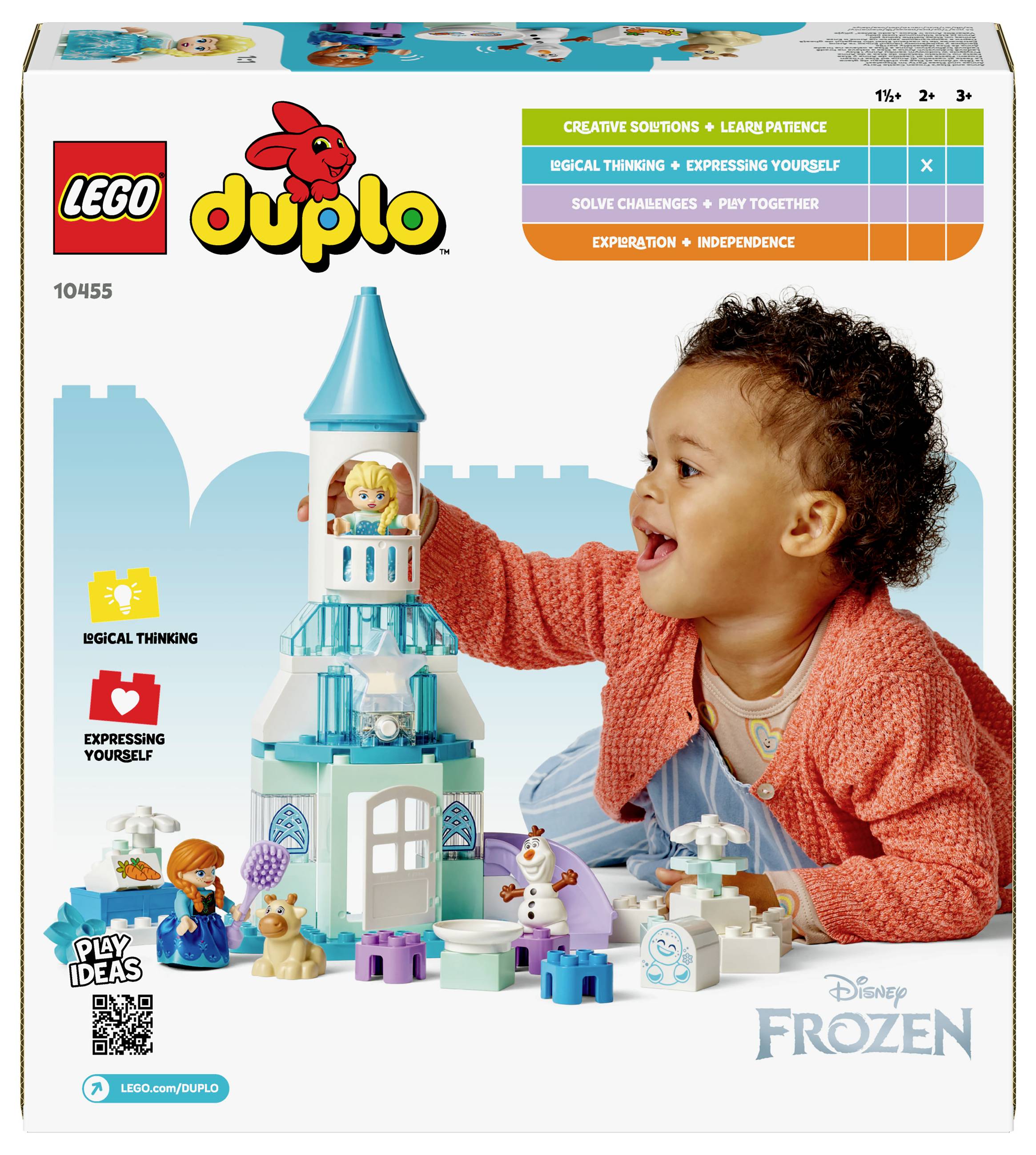 A toddler is playing with a LEGO DUPLO 'Disney Frozen' set that features an ice palace with characters and animals.