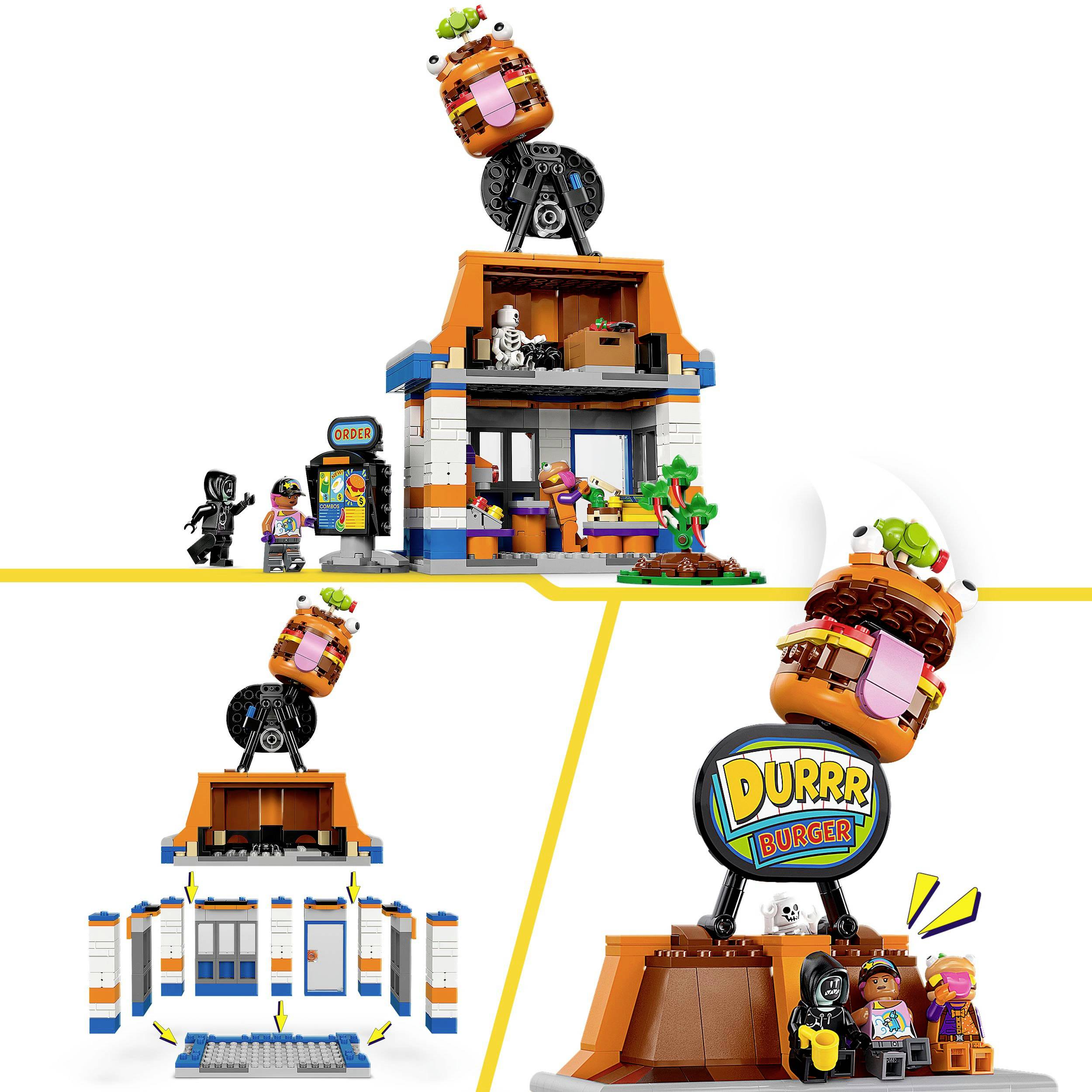 Toy set with fast-food restaurant and play figures. A statue with roast lamb stands on top. Small figures are interacting.