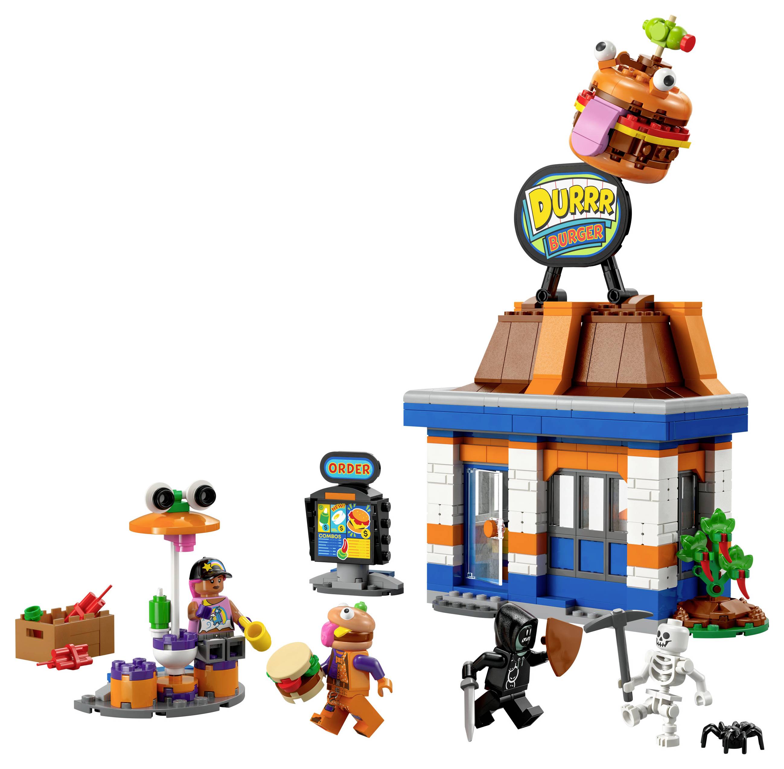 A toy set with a colorful burger restaurant scene, multiple figures, including a burger and arcade machines in the background.