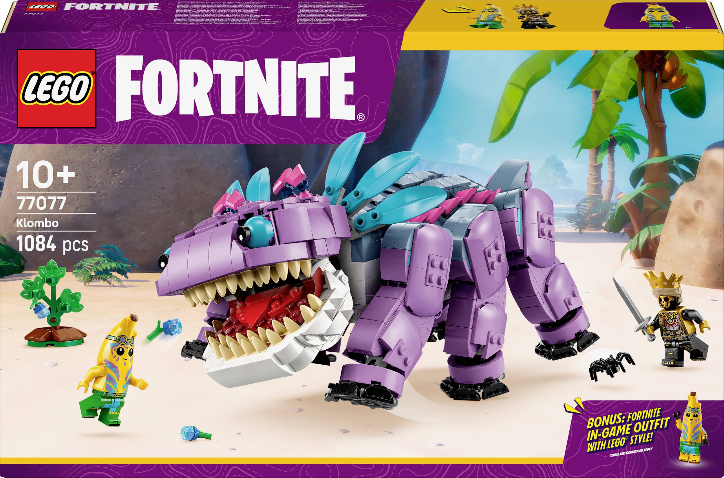 Lego set with a large, purple dinosaur and two figures in a tropical environment. Contains 1084 pieces, recommended for ages 10 and up.