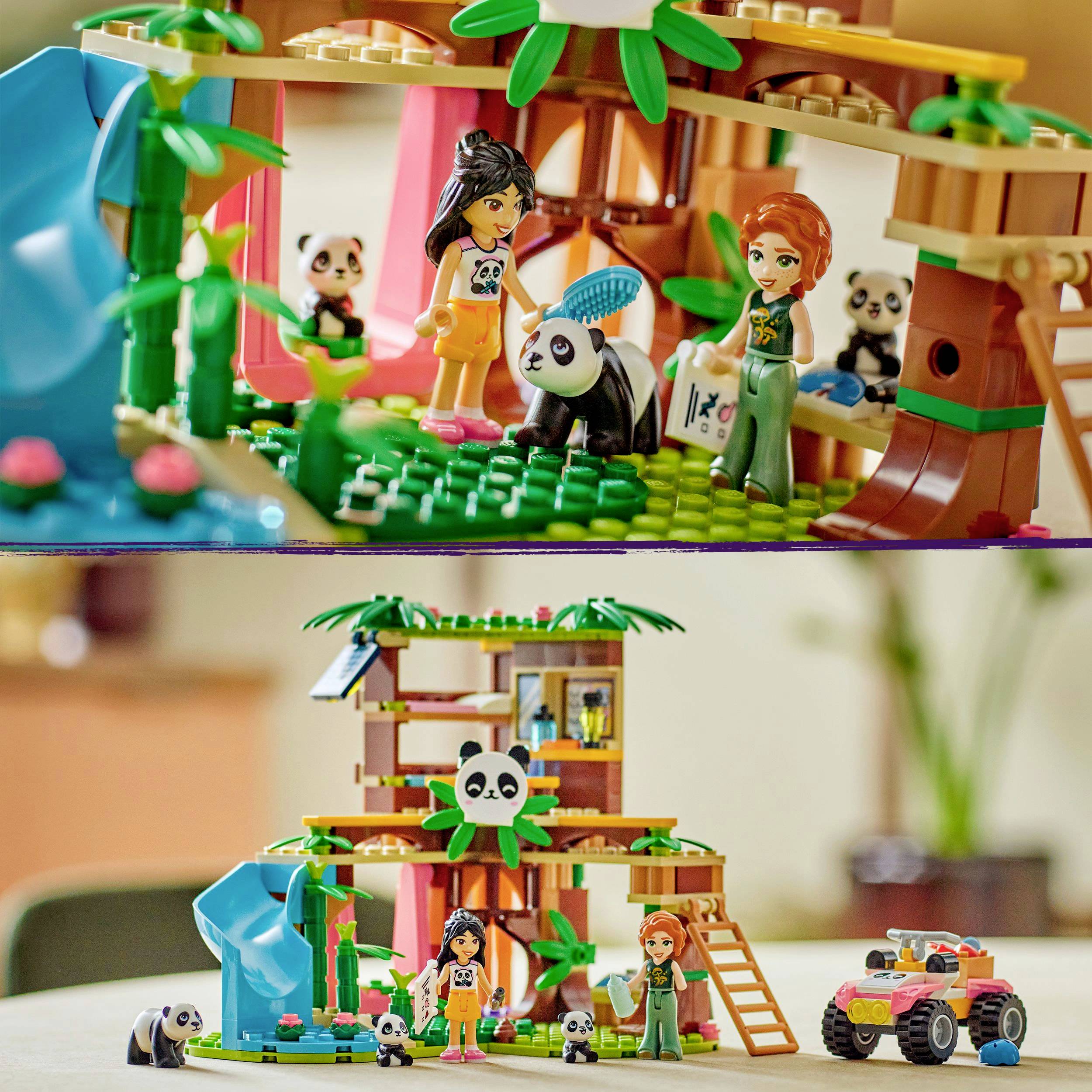 A panda-themed toy world, containing two figures, panda bears, climbing frames and a slide, with a toy car on the right.
