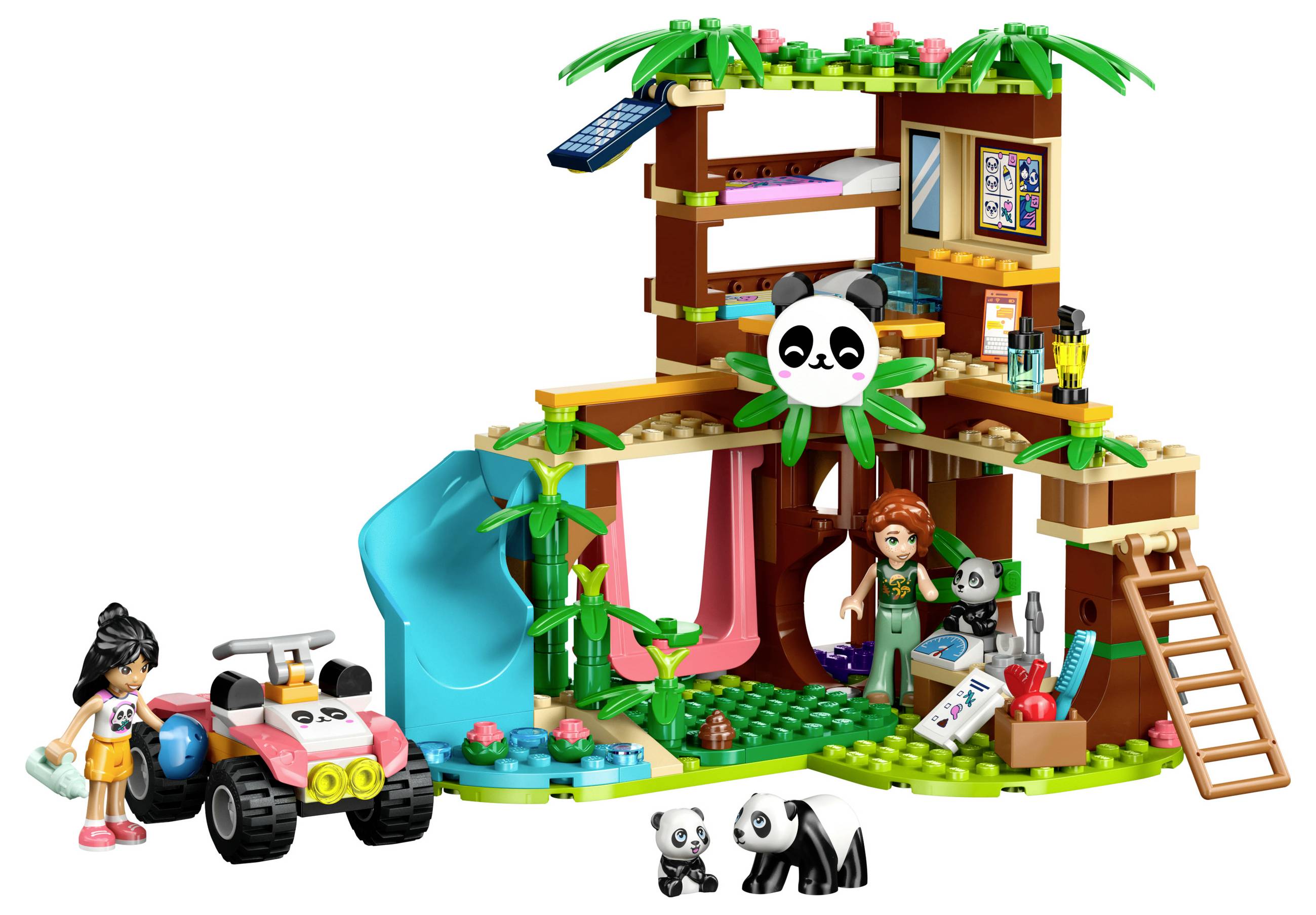 Toy panda treehouse with two figures, slide, quad bike and pandas. Wooden structure with leaves and accessories for creative play.