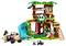 Toy panda treehouse with two figures, slide, quad bike and pandas. Wooden structure with leaves and accessories for creative play.