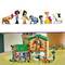 Top: Multiple play figures with animals and accessories. Bottom: Colorful playset house with figures and animals in a playful scene.