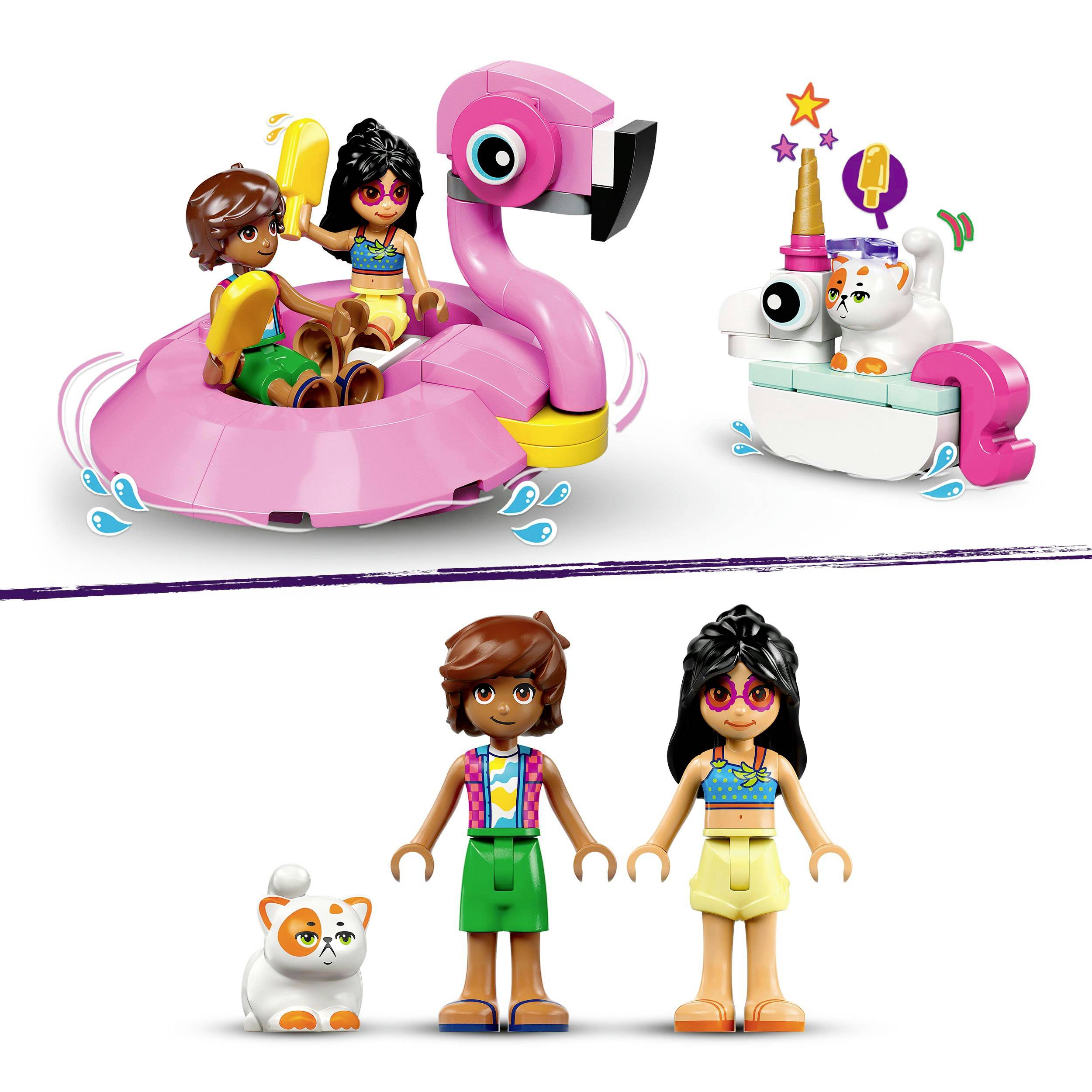 Two toy figures in summer clothing, one holding an ice cream. An inflatable flamingo boat and a small boat with a toy cat.
