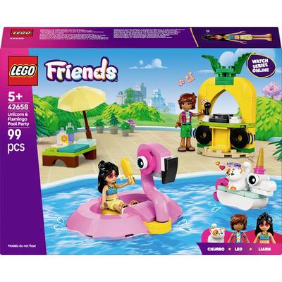 Two LEGO figures are enjoying a pool party with a pink flamingo boat. In the background, a music stand with speakers and a palm tree can be seen.