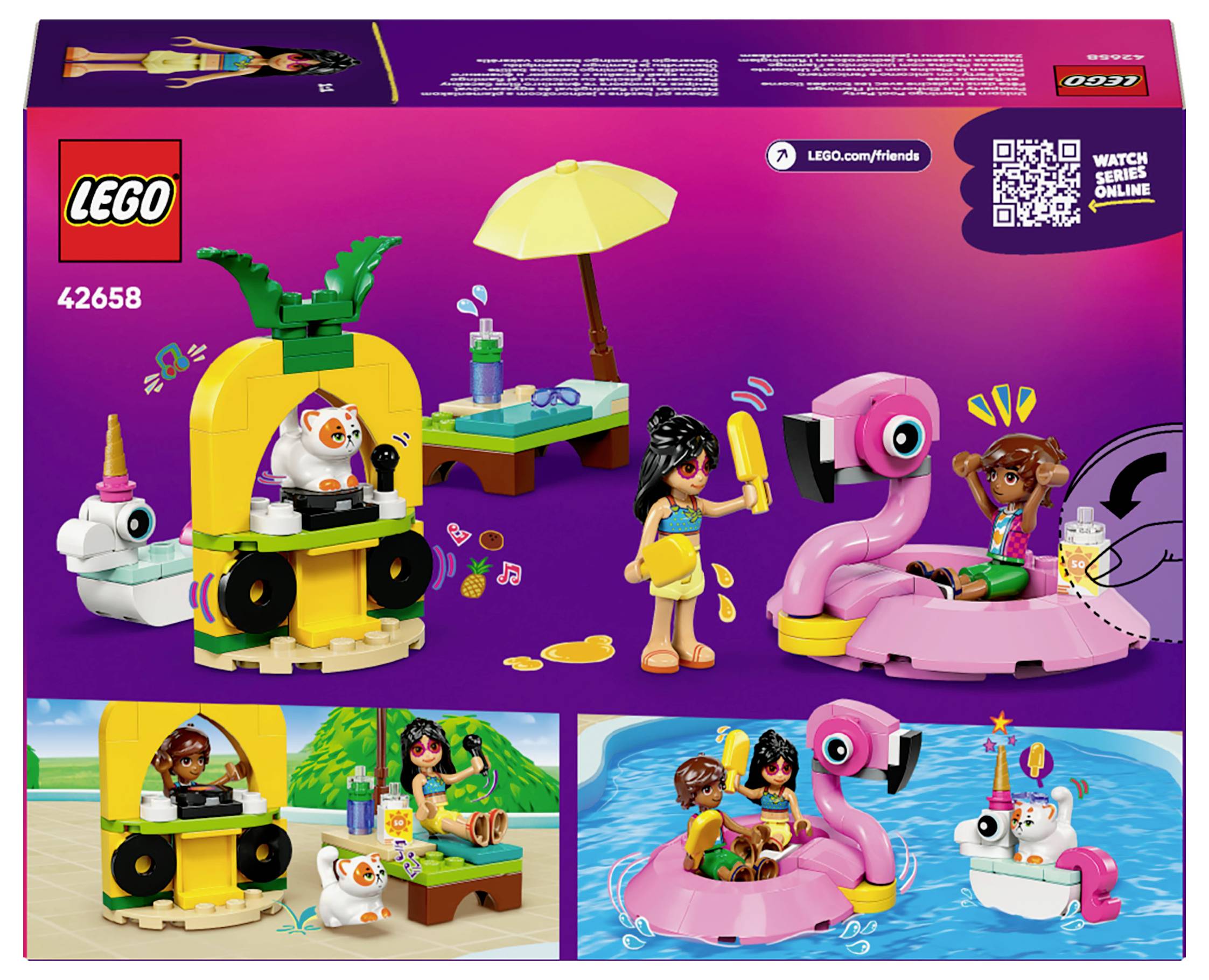 LEGO set with flamingo boat, figures and beach accessories. Main figures on boat and beach. Colorful summer atmosphere.